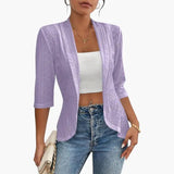 Women's Shawl Collar Coat – Open Front, Eyelet Detail & Mid-Length Sleeves