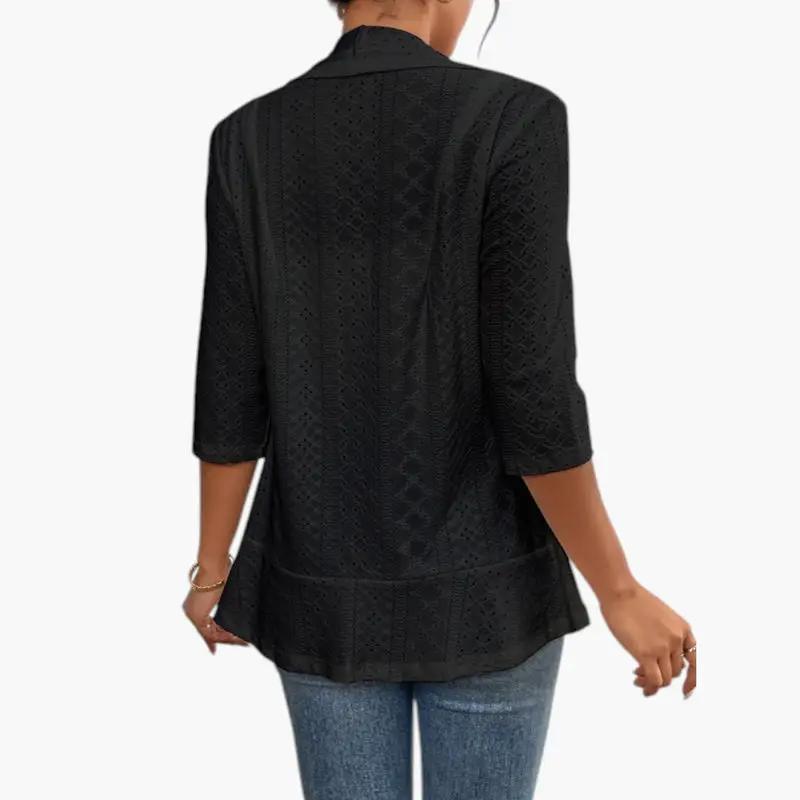Women's Shawl Collar Coat – Open Front, Eyelet Detail & Mid-Length Sleeves