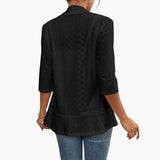 Women's Shawl Collar Coat – Open Front, Eyelet Detail & Mid-Length Sleeves