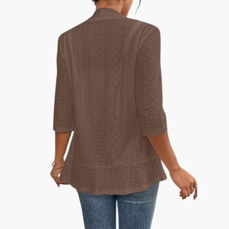 Women's Shawl Collar Coat – Open Front, Eyelet Detail & Mid-Length Sleeves