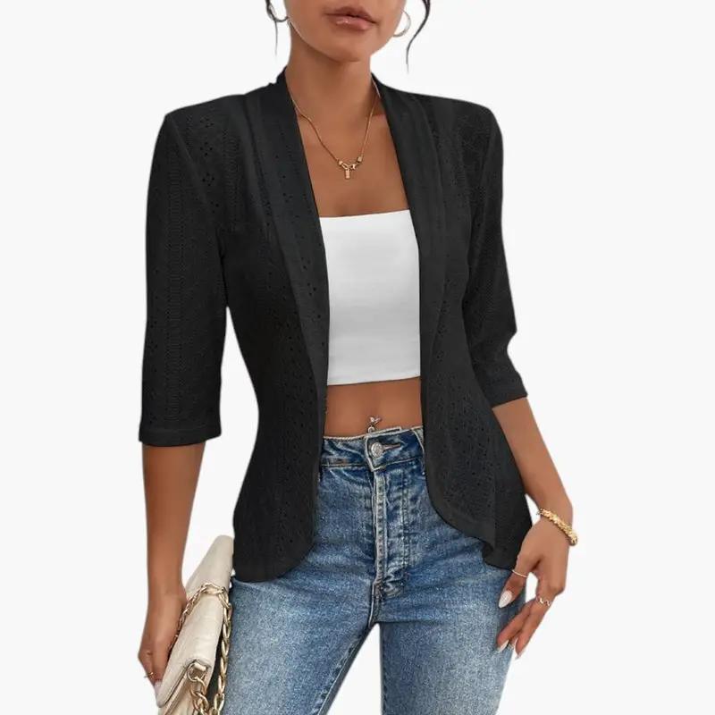 Women's Shawl Collar Coat – Open Front, Eyelet Detail & Mid-Length Sleeves