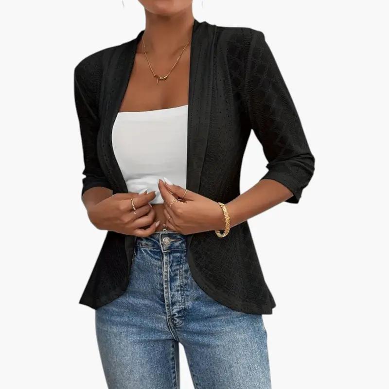 Women's Shawl Collar Coat – Open Front, Eyelet Detail & Mid-Length Sleeves