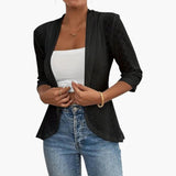 Women's Shawl Collar Coat – Open Front, Eyelet Detail & Mid-Length Sleeves