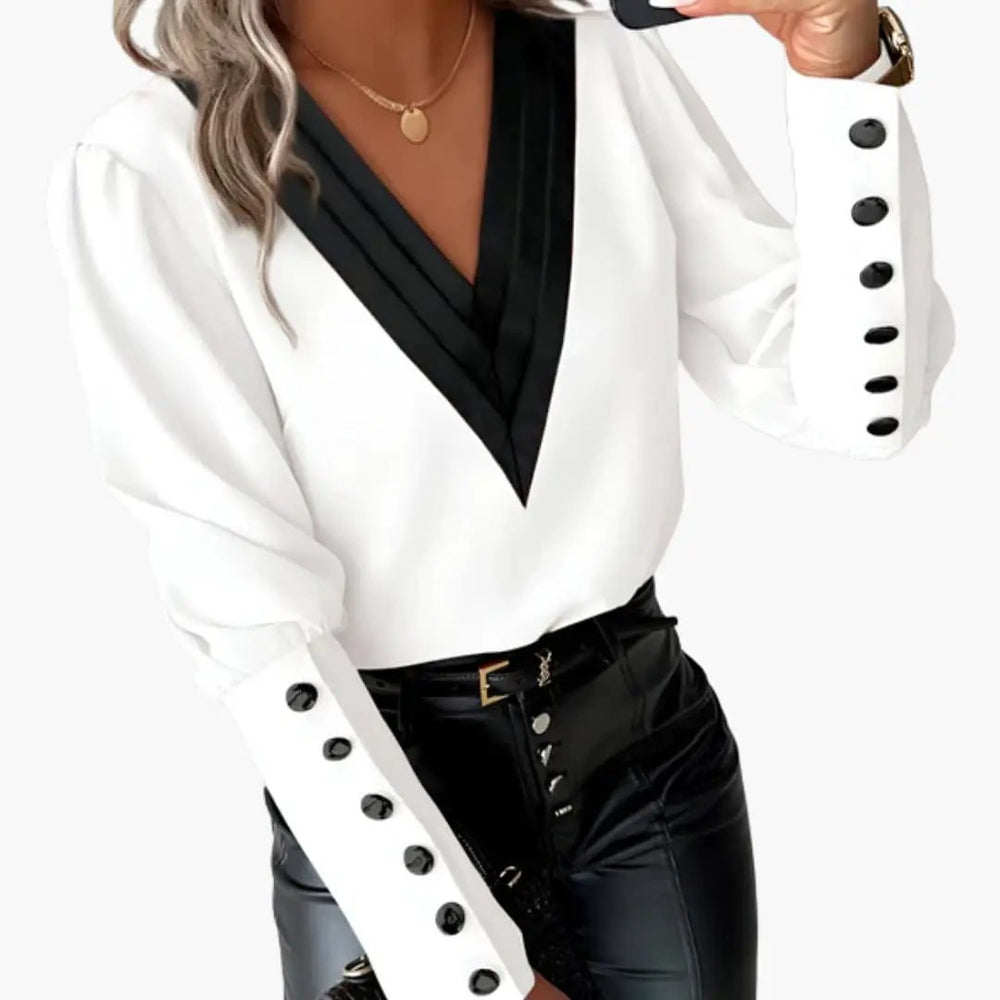 Women's Color Block Blouse – V-Neck, Long Sleeve & Pullover Style