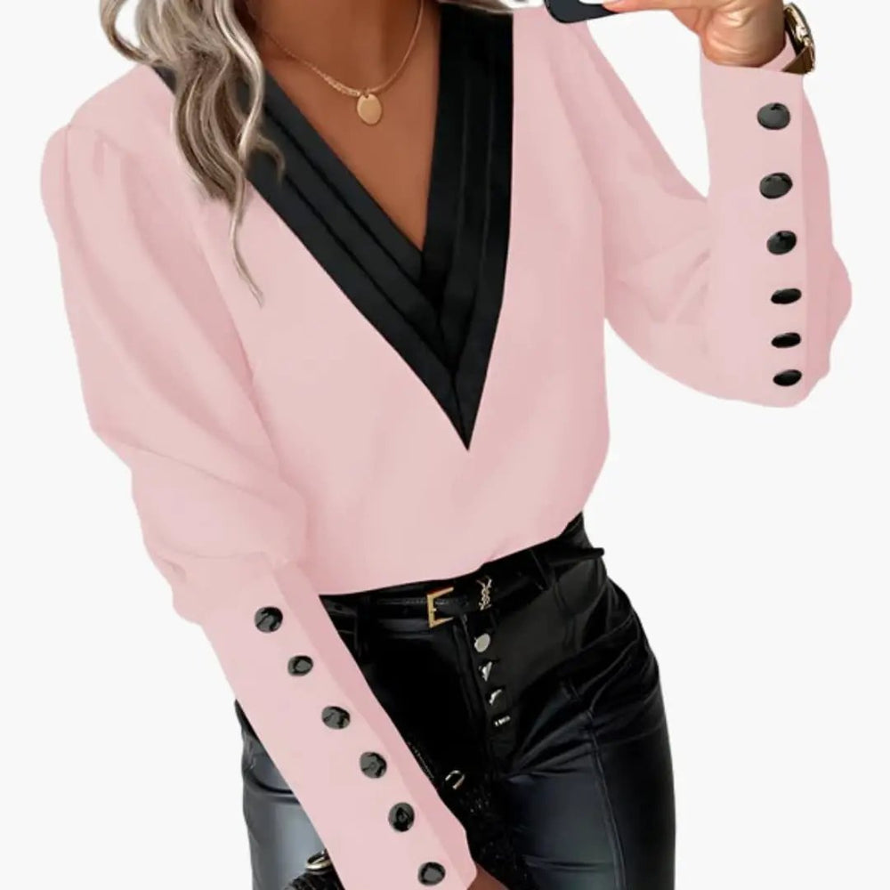 Women's Color Block Blouse – V-Neck, Long Sleeve & Pullover Style