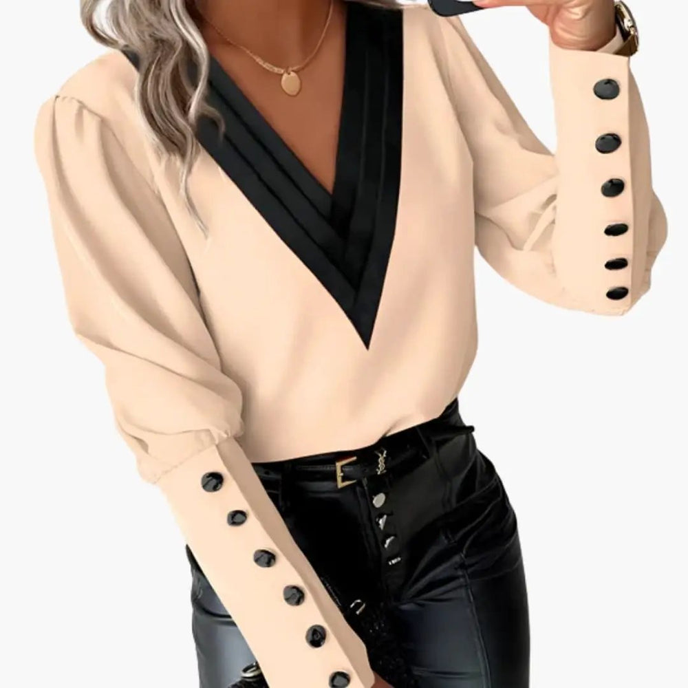 Women's Color Block Blouse – V-Neck, Long Sleeve & Pullover Style