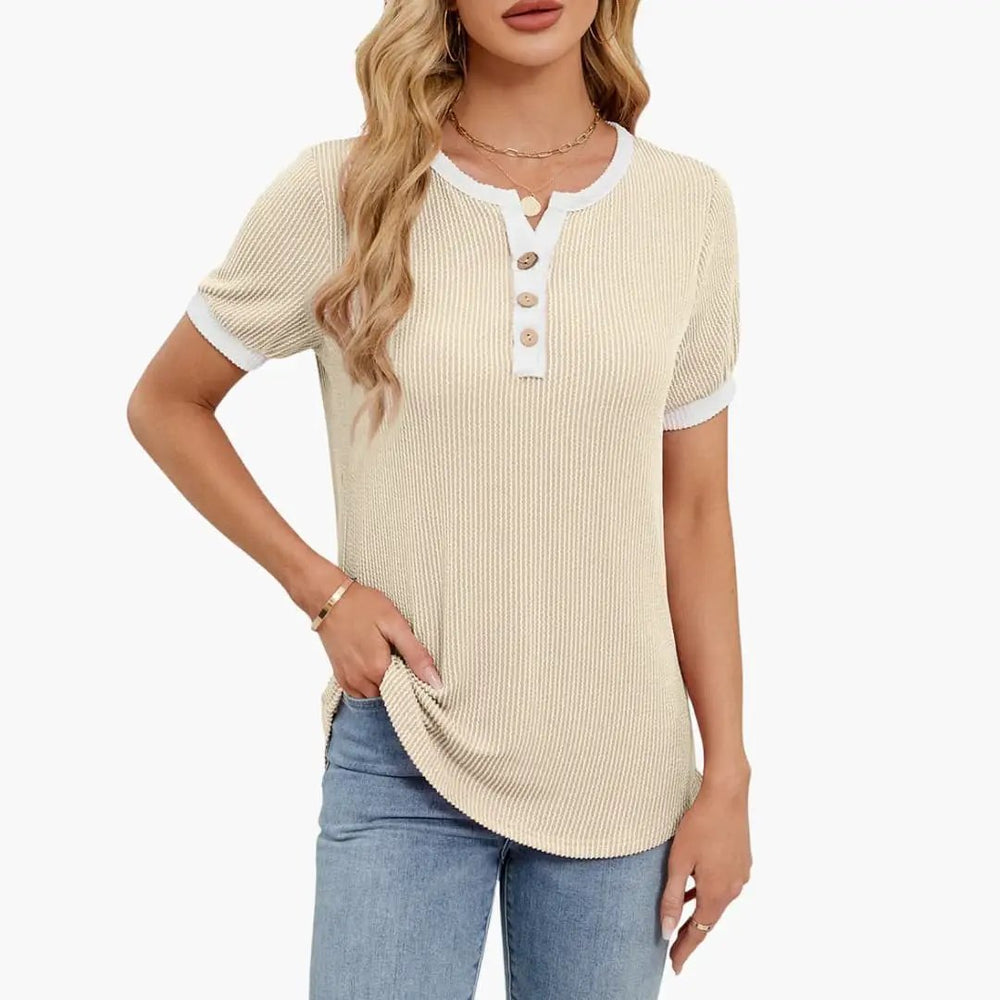 Women's V-Neck T-Shirt – Short Sleeve, Cotton Elastane Blend & Pullover Style