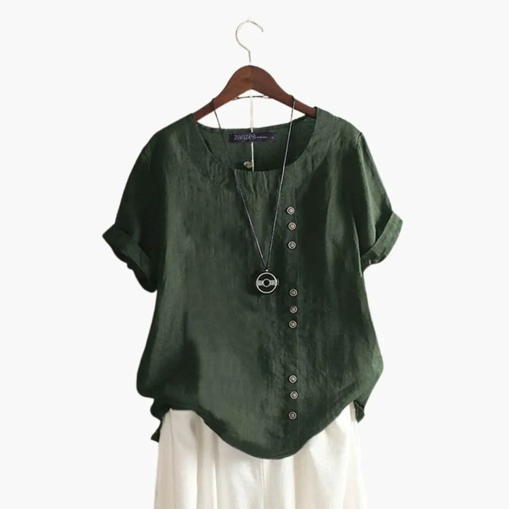Women's Blouse – Cotton, Crew Neck & Diagonal Button Detail