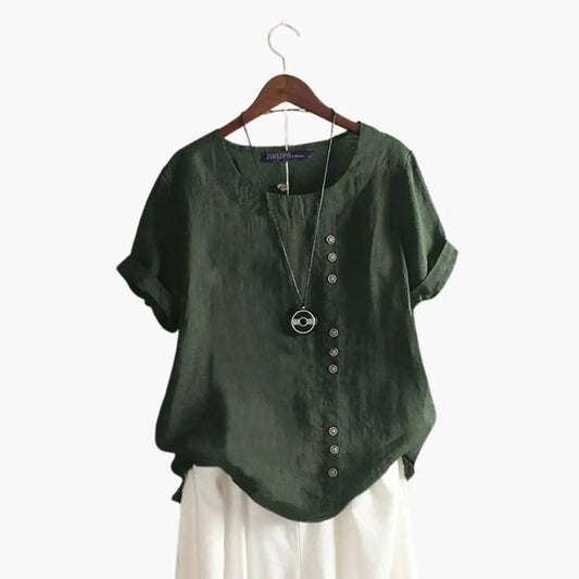 Women’s Cotton Crew Neck Blouse with Diagonal Button Detail