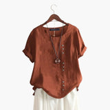 Women's Blouse – Cotton, Crew Neck & Diagonal Button Detail