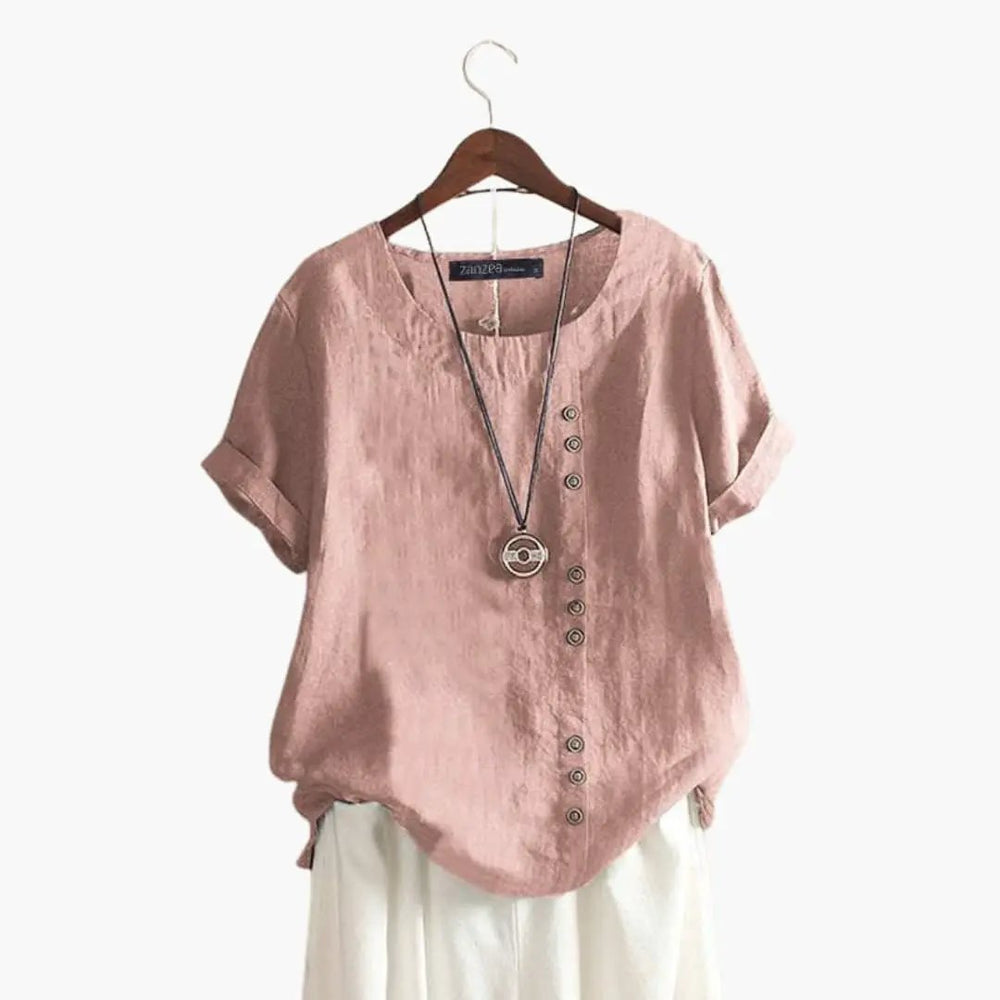 Women's Blouse – Cotton, Crew Neck & Diagonal Button Detail