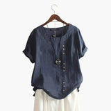 Women's Blouse – Cotton, Crew Neck & Diagonal Button Detail