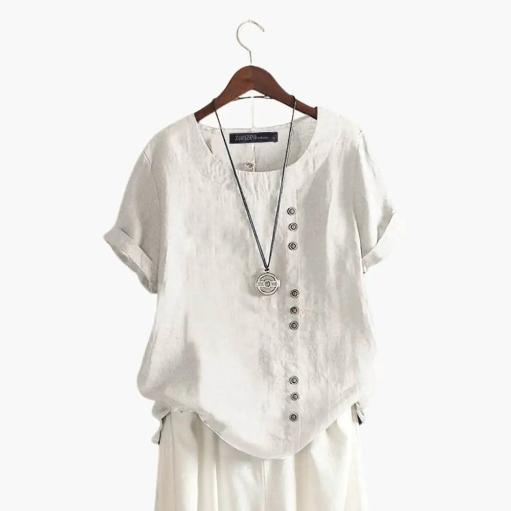 Women's Blouse – Cotton, Crew Neck & Diagonal Button Detail