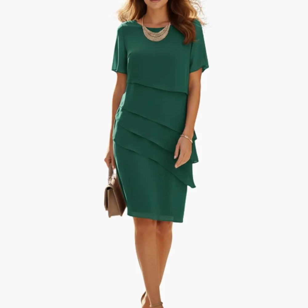 Women's Knee-Length Dress – Defined Waist, Side Pockets & Short Sleeve