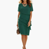 Women's Knee-Length Dress – Defined Waist, Side Pockets & Short Sleeve