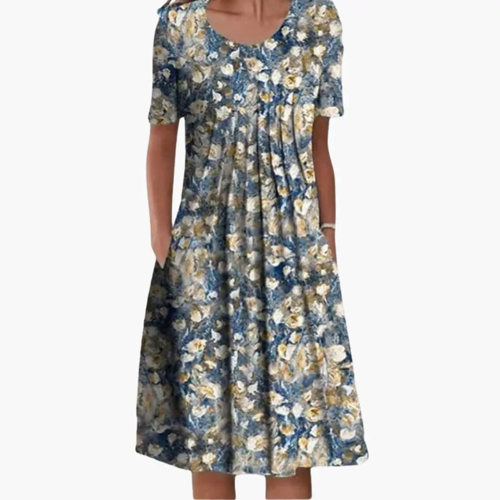 Women's Floral Print Dress – Side Pockets, Short Sleeves & Midi Length