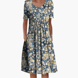 Women's Floral Print Dress – Side Pockets, Short Sleeves & Midi Length