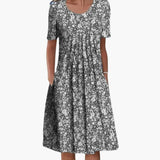 Women's Floral Print Dress – Side Pockets, Short Sleeves & Midi Length