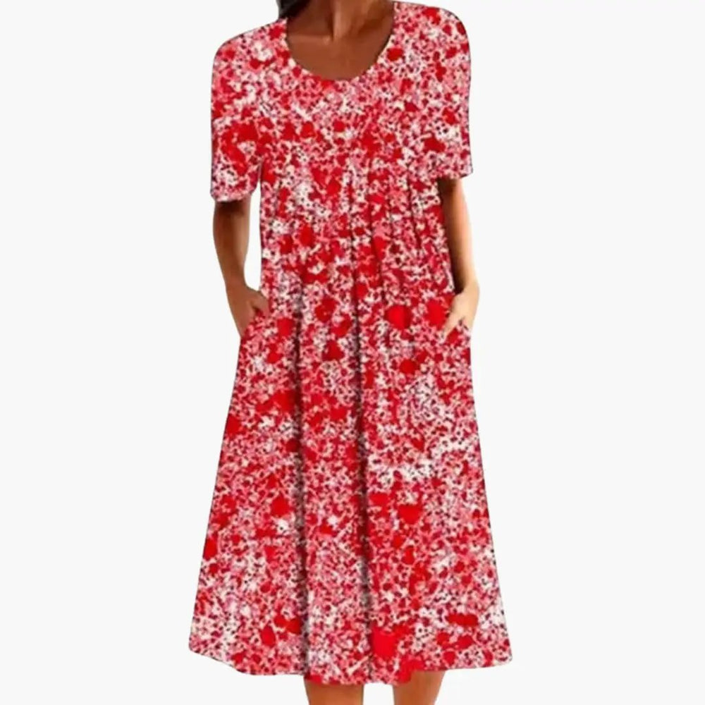 Women's Floral Print Dress – Side Pockets, Short Sleeves & Midi Length