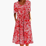 Women's Floral Print Dress – Side Pockets, Short Sleeves & Midi Length