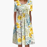 Women's Floral Print Dress – Side Pockets, Short Sleeves & Midi Length