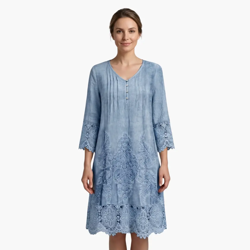 Women's Midi Dress – Embroidered, Short Sleeve & Defined Waist