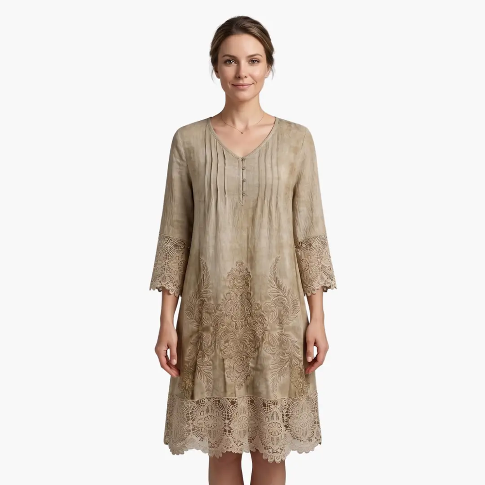 Women's Midi Dress – Embroidered, Short Sleeve & Defined Waist