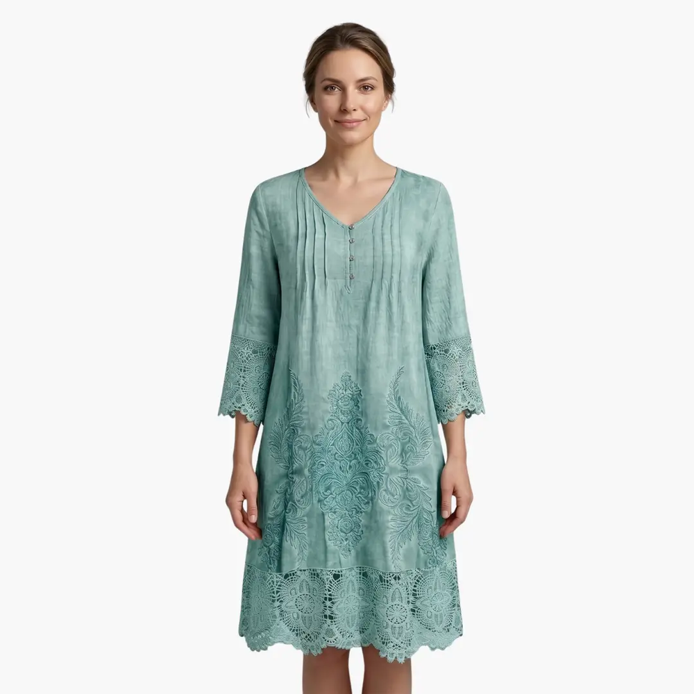 Women's Midi Dress – Embroidered, Short Sleeve & Defined Waist