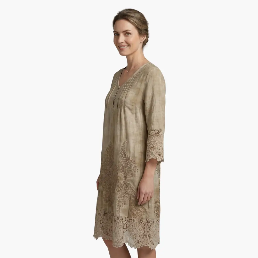 Women's Midi Dress – Embroidered, Short Sleeve & Defined Waist