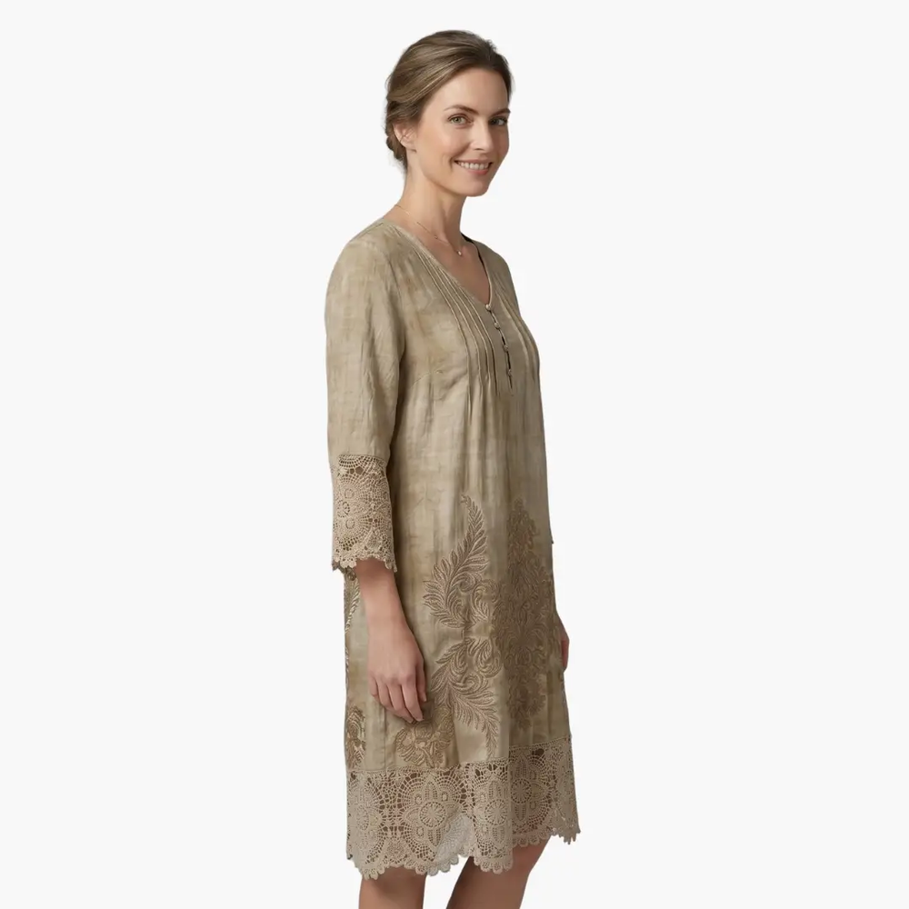 Women's Midi Dress – Embroidered, Short Sleeve & Defined Waist