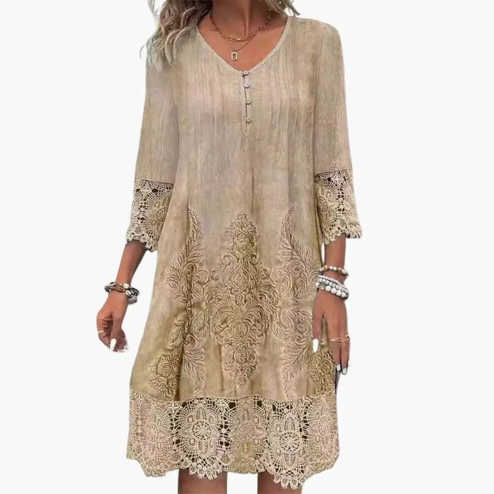 Women's Midi Dress – Embroidered, Short Sleeve & Defined Waist