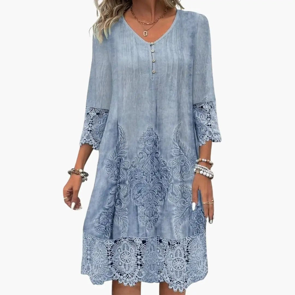 Women's Midi Dress – Embroidered, Short Sleeve & Defined Waist
