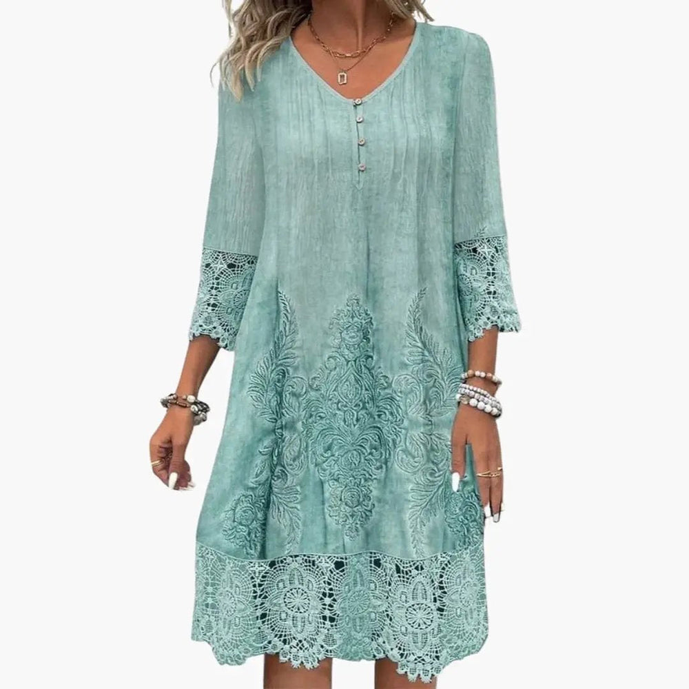 Women's Midi Dress – Embroidered, Short Sleeve & Defined Waist