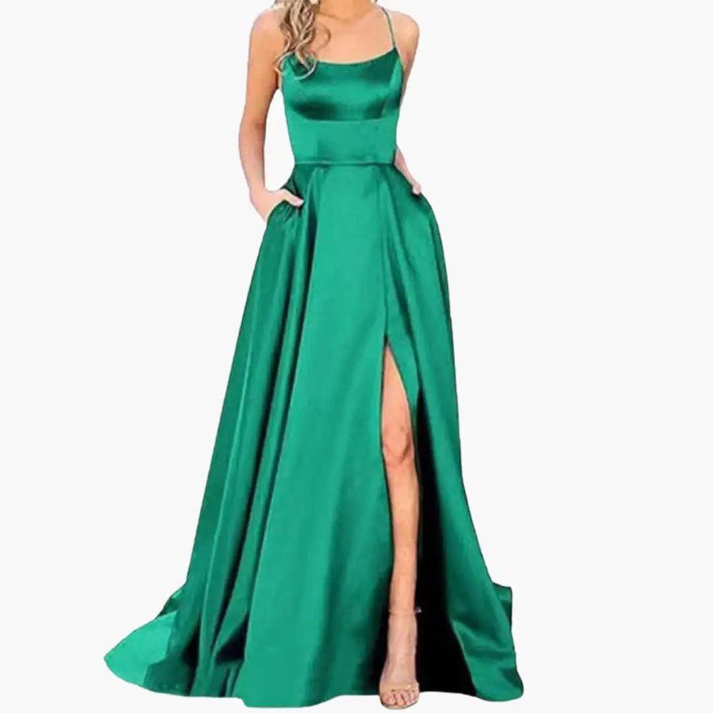 Women's Evening Dress – U-Neck Design, High Side Slit & Floor-Length Skirt