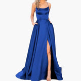 Women's Evening Dress – U-Neck Design, High Side Slit & Floor-Length Skirt