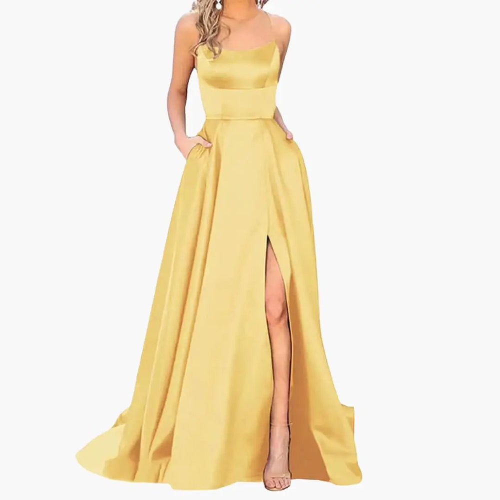 Women's Evening Dress – U-Neck Design, High Side Slit & Floor-Length Skirt