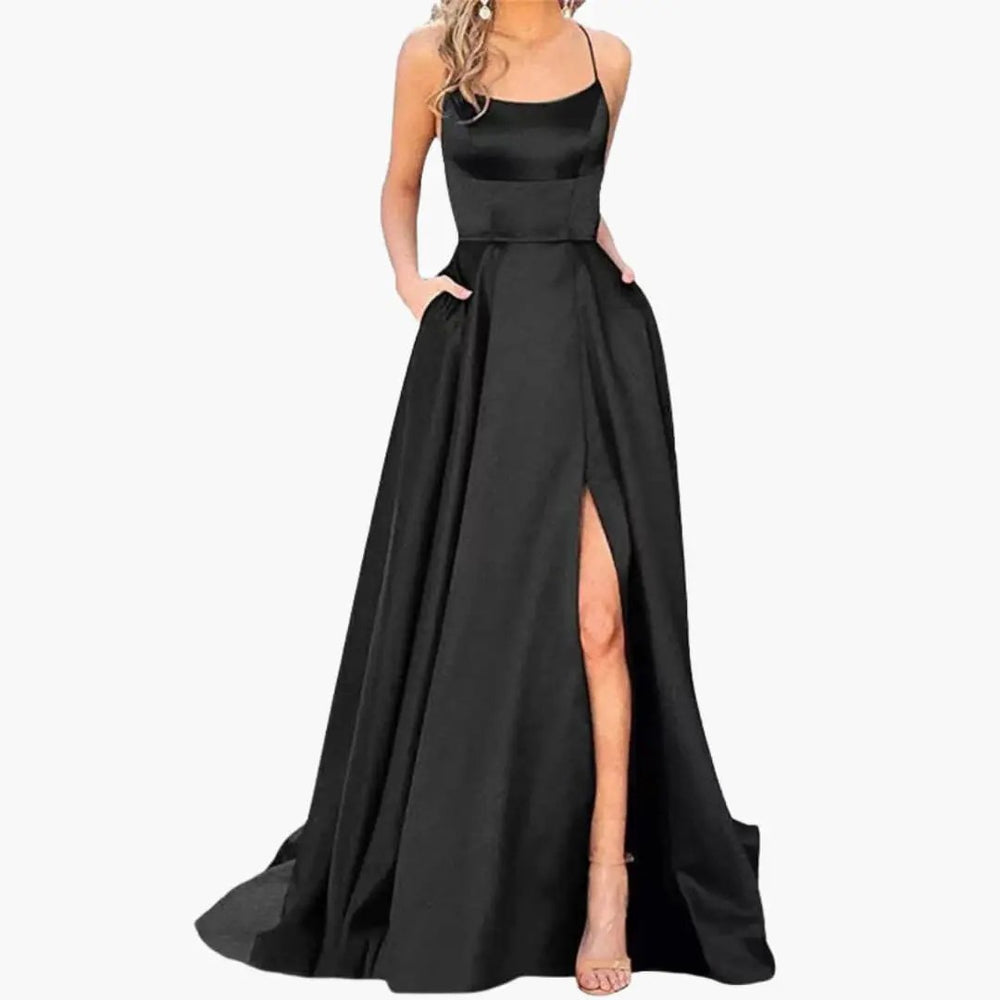 Women's Evening Dress – U-Neck Design, High Side Slit & Floor-Length Skirt