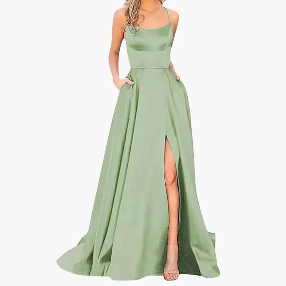 Women's Evening Dress – U-Neck Design, High Side Slit & Floor-Length Skirt