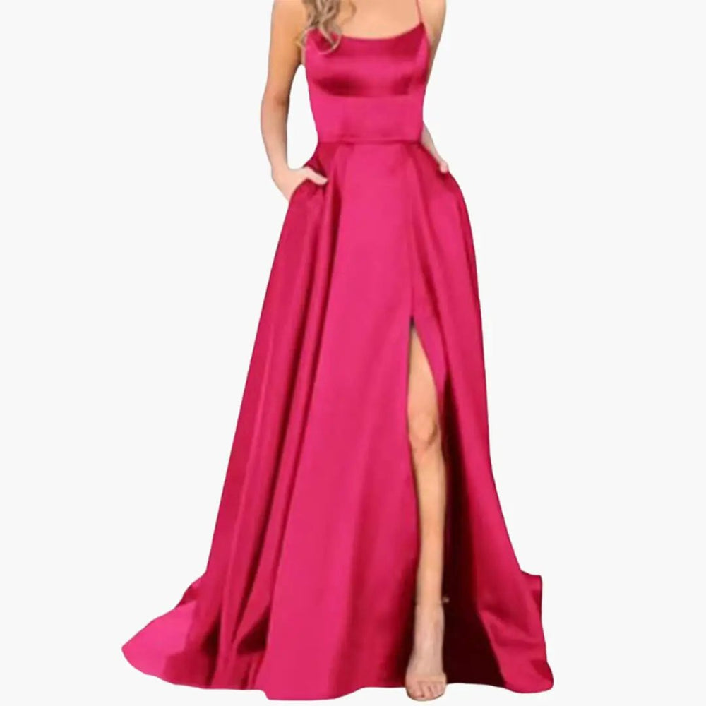 Women's Evening Dress – U-Neck Design, High Side Slit & Floor-Length Skirt
