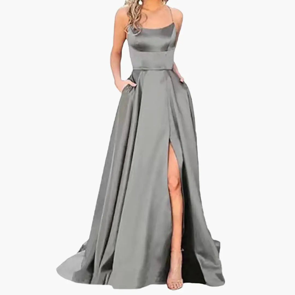 Women's Evening Dress – U-Neck Design, High Side Slit & Floor-Length Skirt