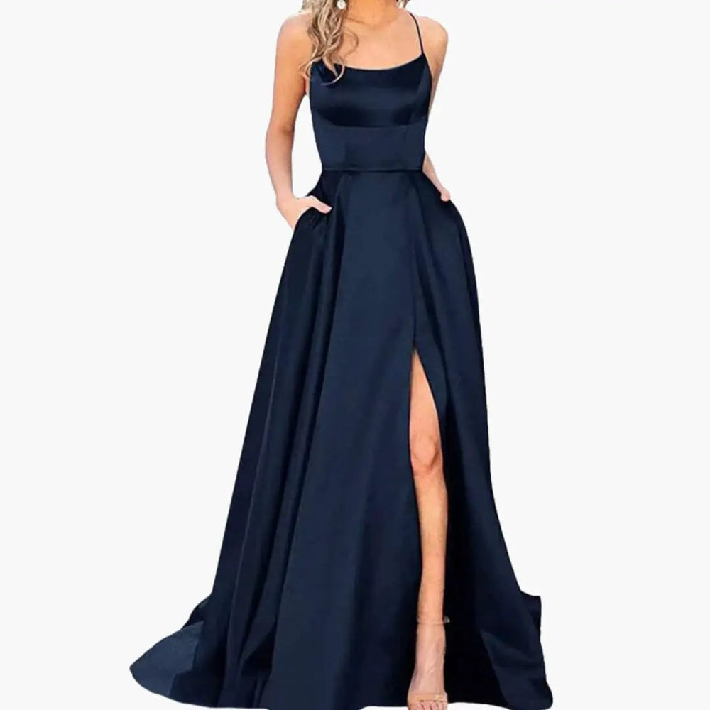 Women's Evening Dress – U-Neck Design, High Side Slit & Floor-Length Skirt