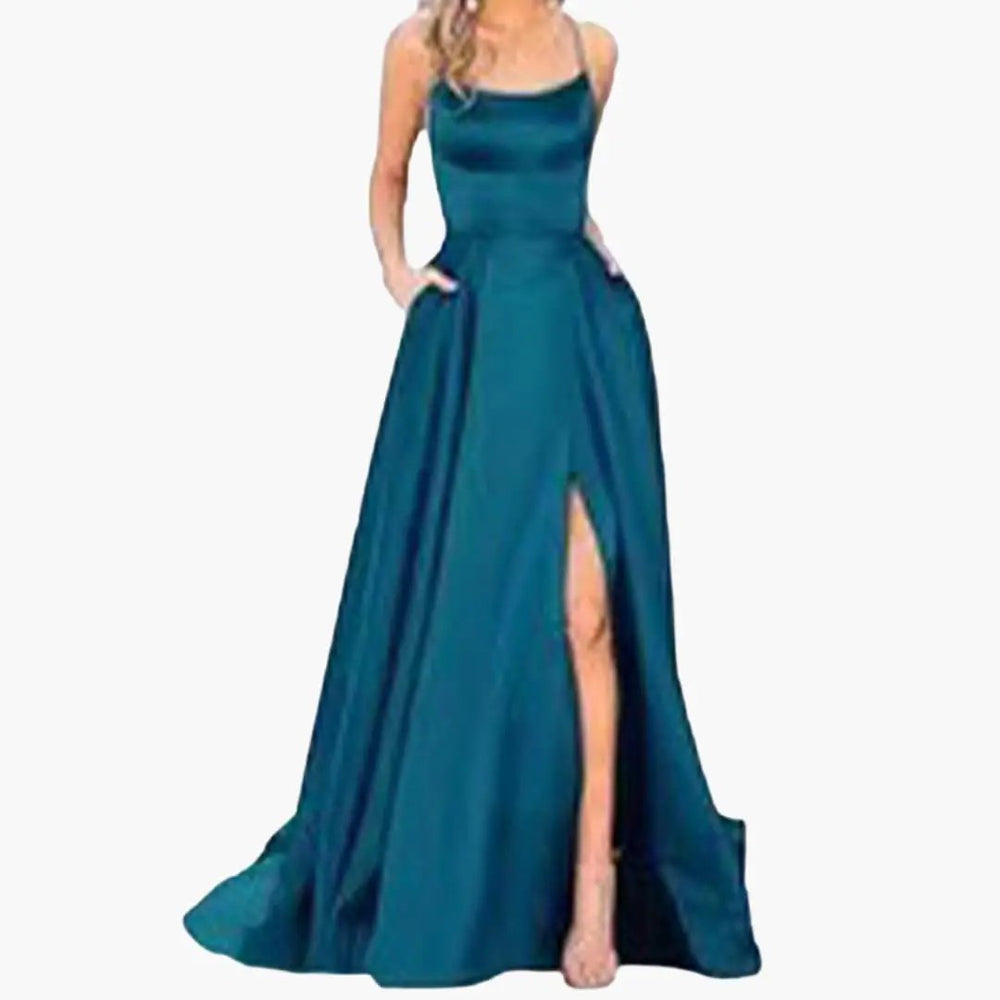 Women's Evening Dress – U-Neck Design, High Side Slit & Floor-Length Skirt