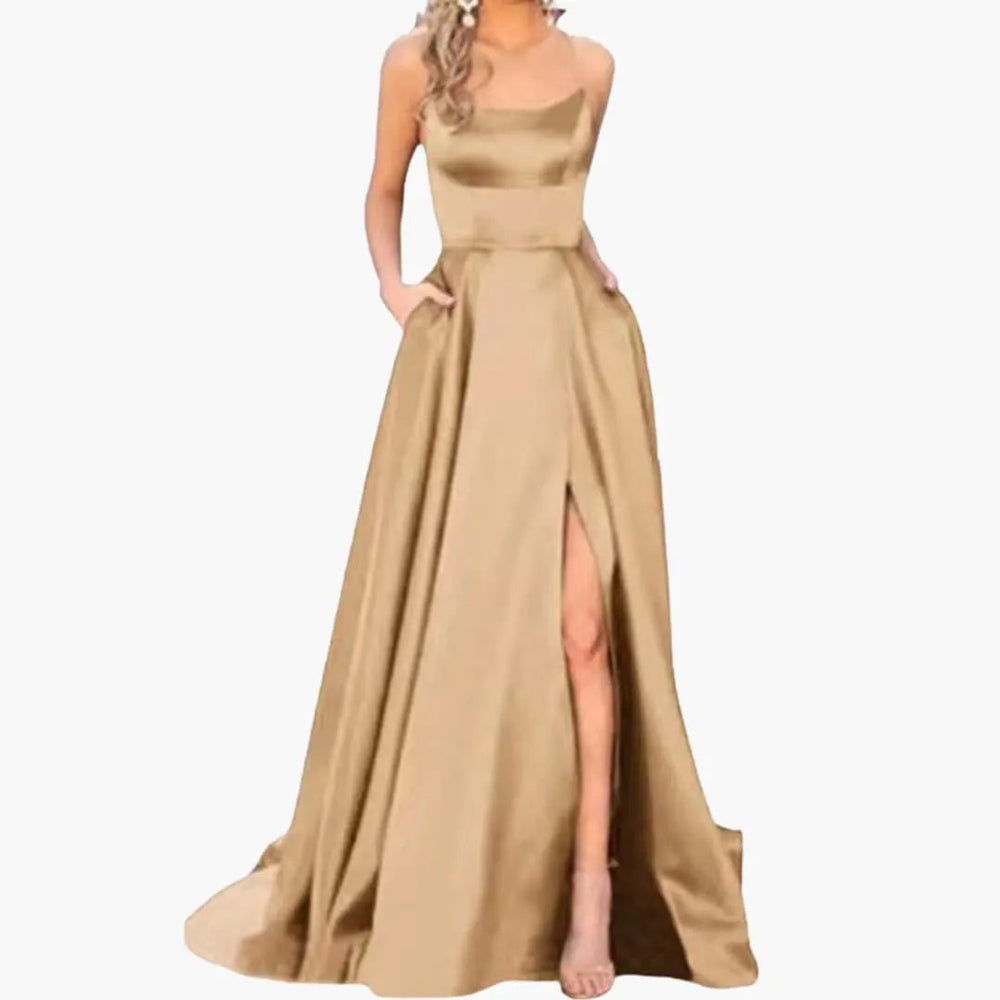Women's Evening Dress – U-Neck Design, High Side Slit & Floor-Length Skirt