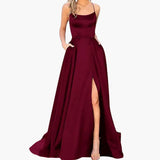 Women's Evening Dress – U-Neck Design, High Side Slit & Floor-Length Skirt