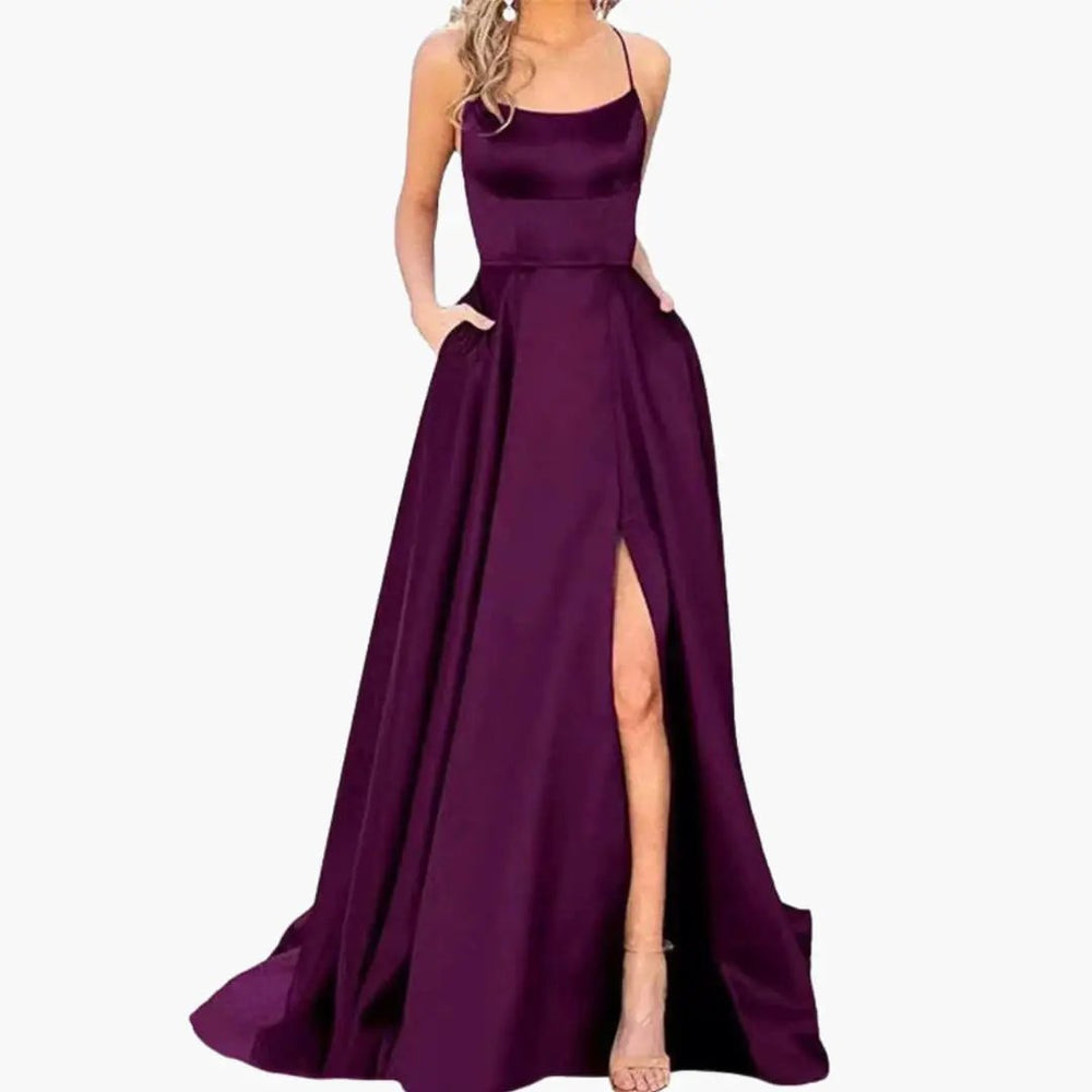 Women's Evening Dress – U-Neck Design, High Side Slit & Floor-Length Skirt