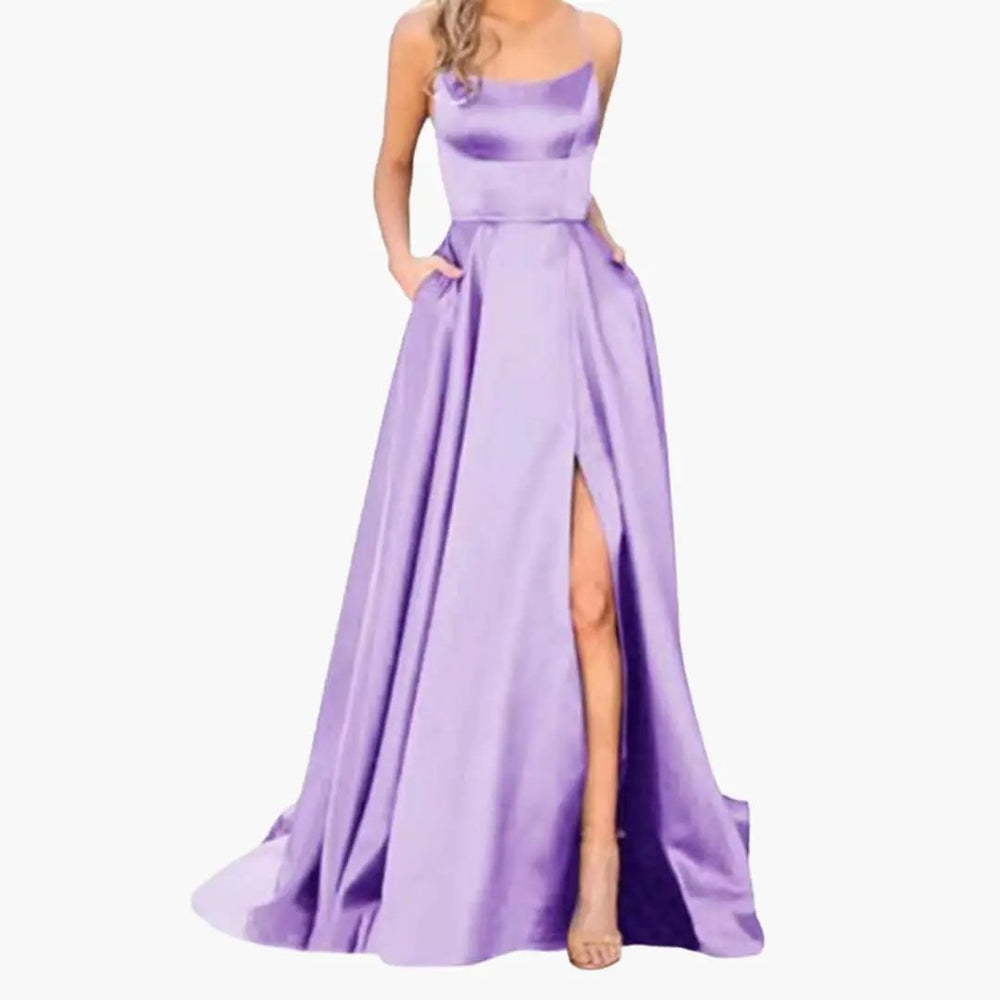 Women's Evening Dress – U-Neck Design, High Side Slit & Floor-Length Skirt