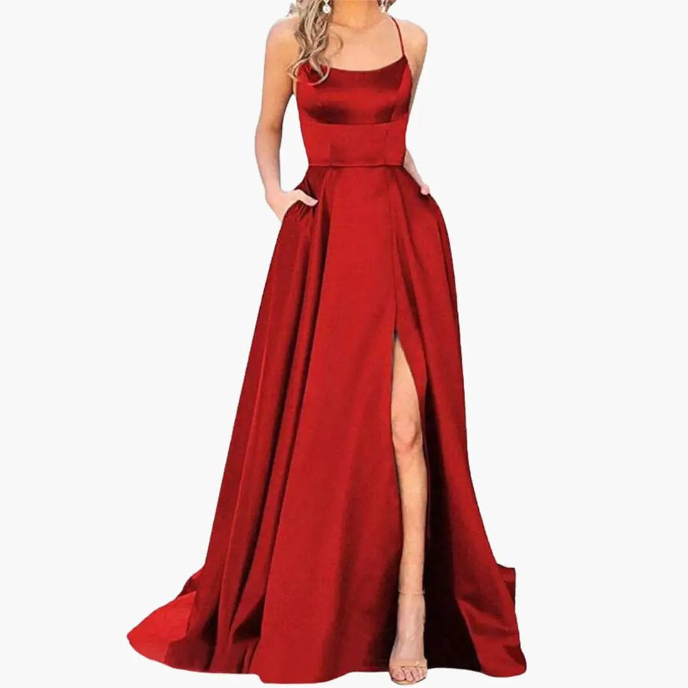 Women's Evening Dress – U-Neck Design, High Side Slit & Floor-Length Skirt