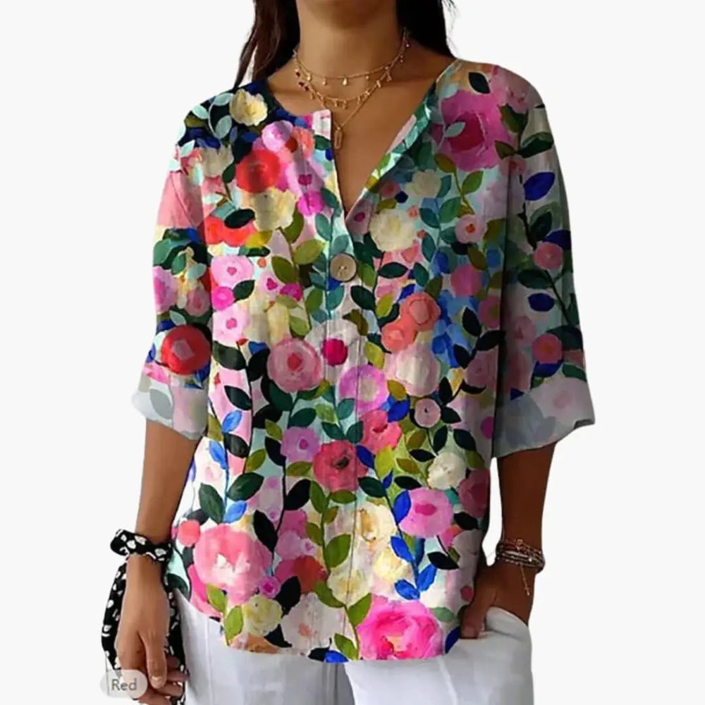 Women's Floral Blouse – Long Sleeve, Collared Neckline & Button-Down Closure