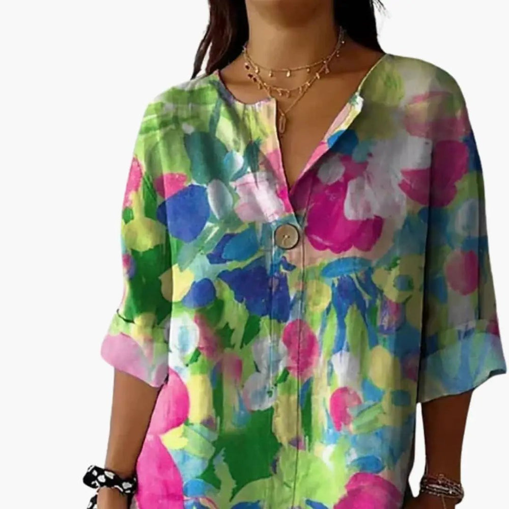 Women's Floral Blouse – Long Sleeve, Collared Neckline & Button-Down Closure