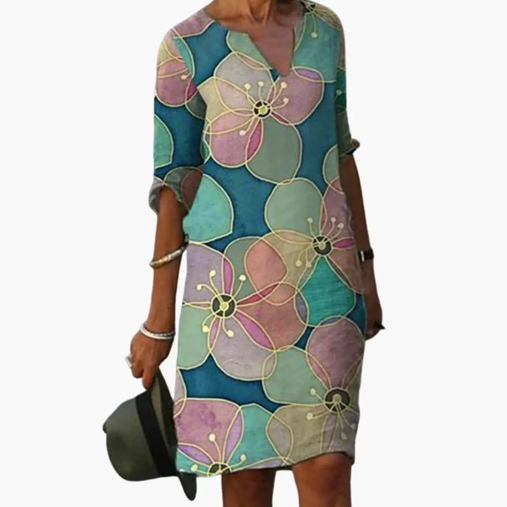 Floral Dress – Women's, Round Neckline & Short Sleeves